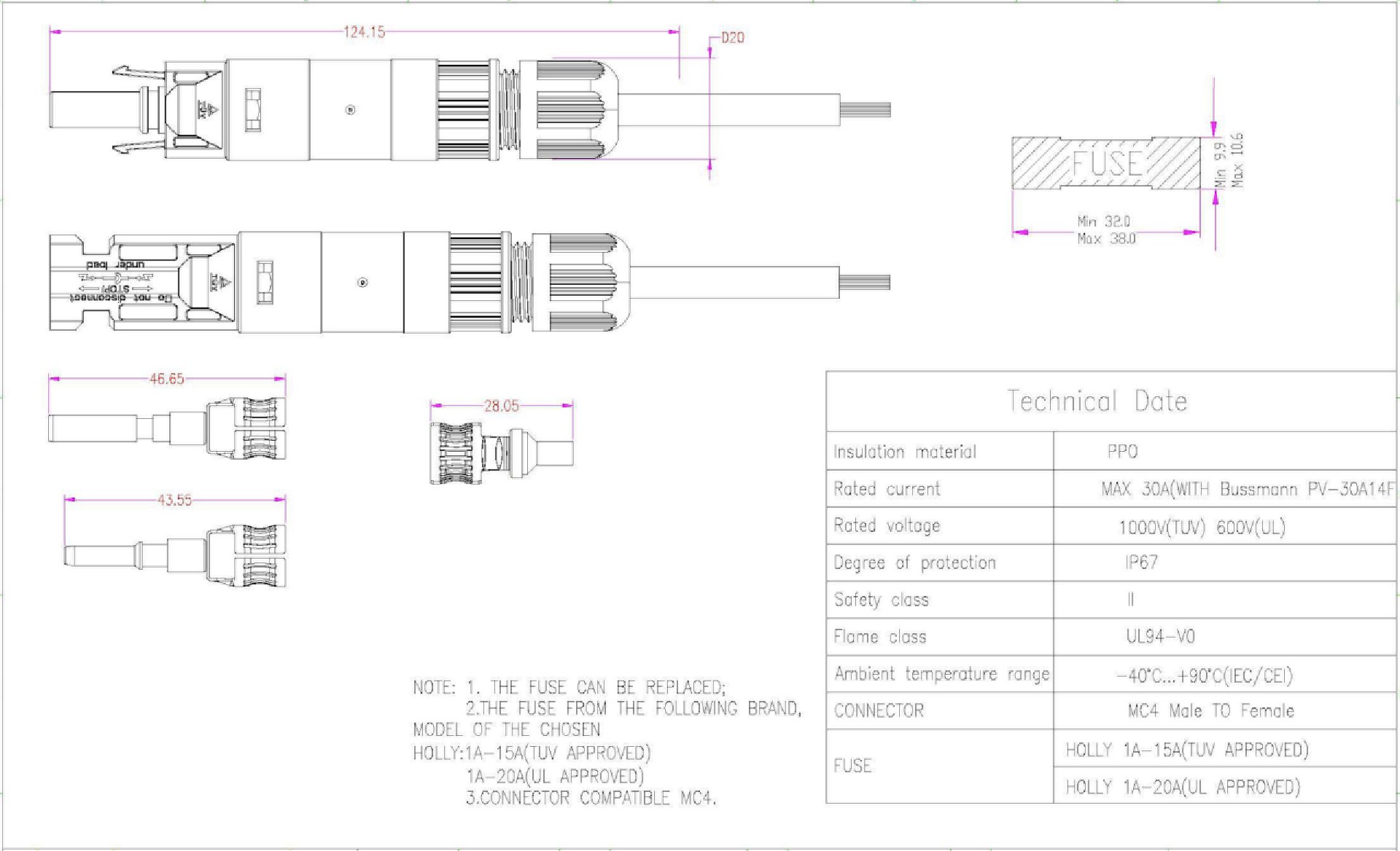 30A MC4 Fuse Connector technical drawing