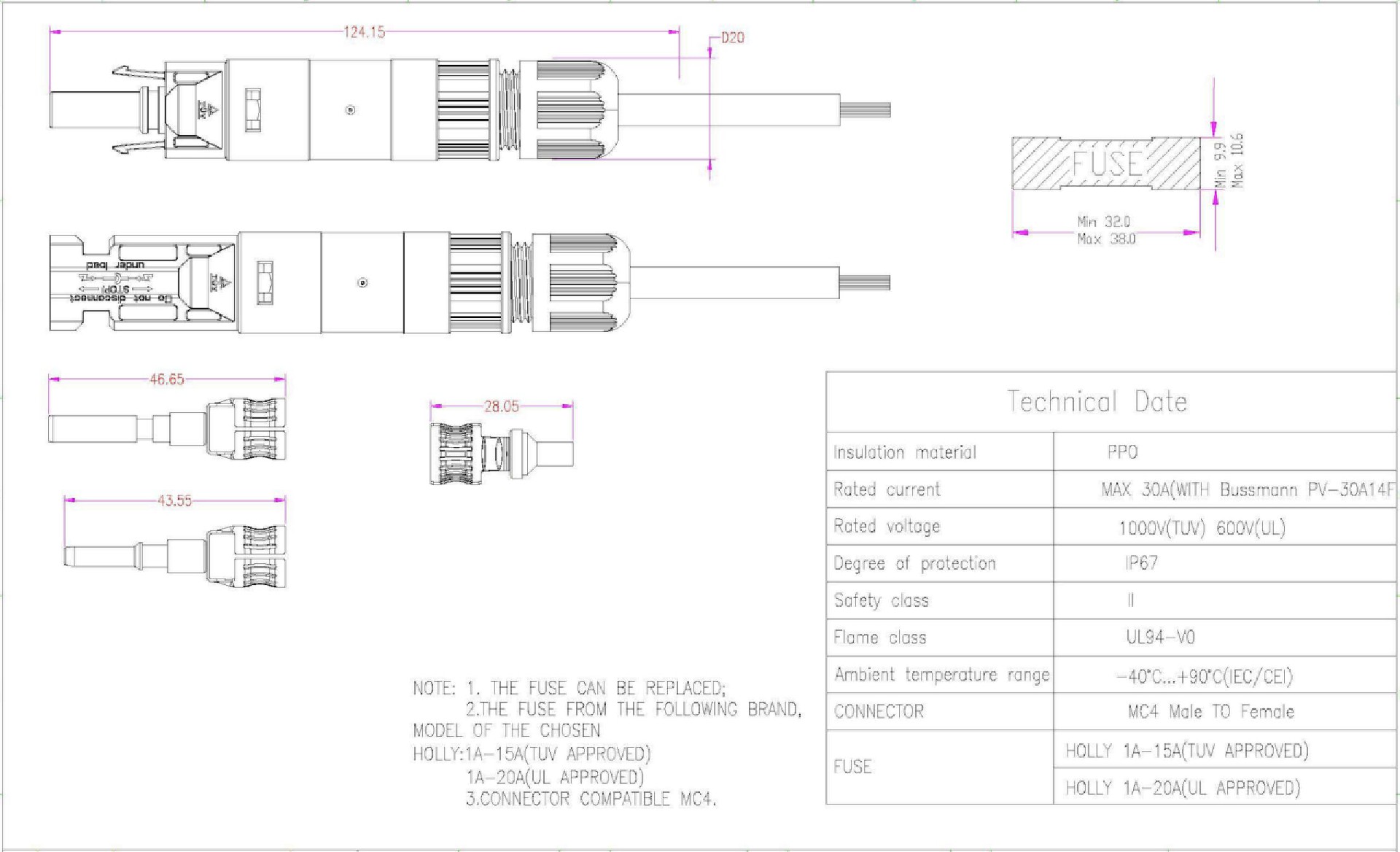 30A MC4 in line Fuse Connector Solar Panel Cable Connectors Waterproof IP67 Black technical drawing